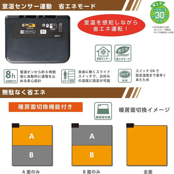 広電 (KODEN) 電気カーペット ホットカーペット 本体 235×195cm 3畳 遠赤 速暖 暖房面切換 8hOFF 室温センサー付 スライド温度調節 ダニクリーン CWC301F-C