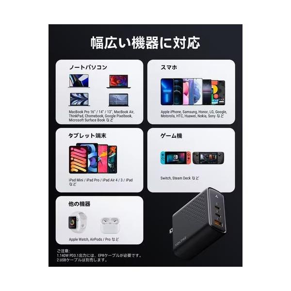 ボルトミー VOLTME USB急速充電器 Revo 140 PD3.1 USB PD(パワーデリバリー)対応 140W USB-C×2ポート/USB-A×1ポート 折りたたみ式プラグ ブラック V2105