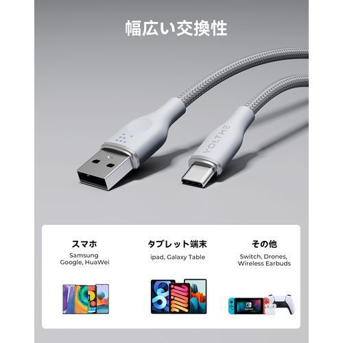 ボルトミー VOLTME ラグシリーズナイロン 充電ケーブル USB-A&USB-C 60W グレー 1m C2153