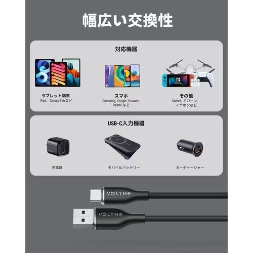 ボルトミー VOLTME モスシリーズシリコン 充電ケーブル USB-A&USB-C 60W ブラック 1m C2121