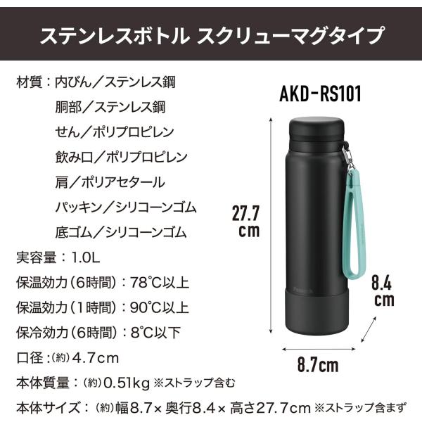 ピーコック 水筒 1L スポーツドリンク対応 ストラップ付 スポーツマグ マットブラック AKD-RS101(BD)