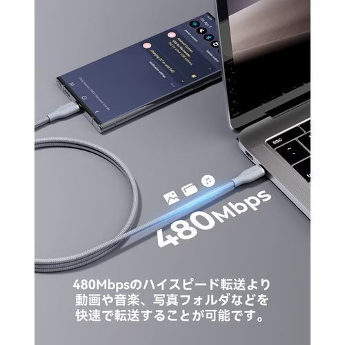 ボルトミー VOLTME ラグシリーズ(Eマーカー)ナイロン 充電ケーブル USB-C&USB-C 100W グレー 1m C2169