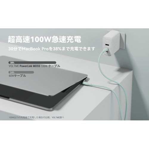 ボルトミー VOLTME モスシリーズ(Eマーカー)シリコン 充電ケーブル USB-C&USB-C 100W グリーン 1m C2143