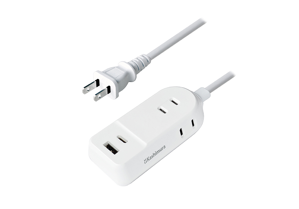 カシムラ USB付電源タップ コンセント3口 USB Type-C 1ポート + USB-A 1ポート搭載 2m ホワイト AC-043